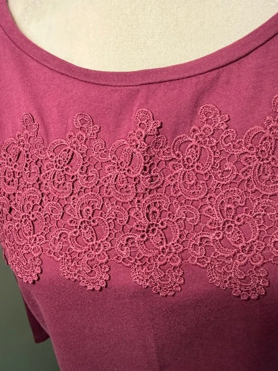 LOFT Outlet Lace Yoke Top Mauve Quarter Sleeve Cotton Tee Size M - Picture 3 of 7
